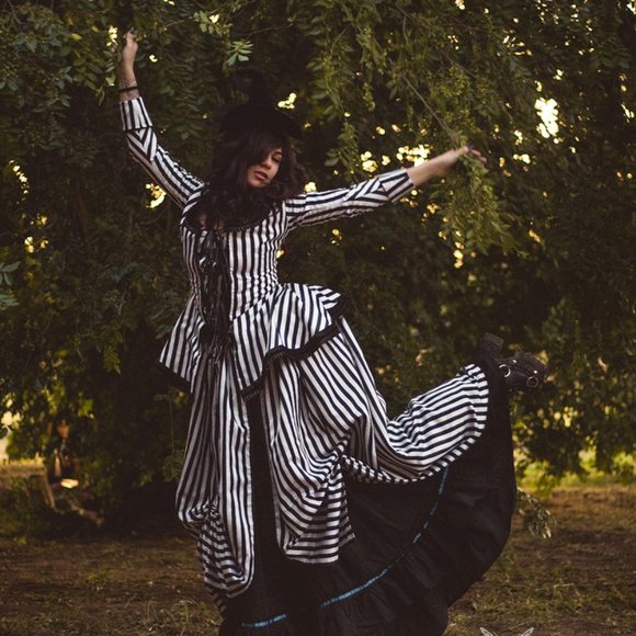 Black and White Striped Gothic Rococo Gown - Picture 11 of 11